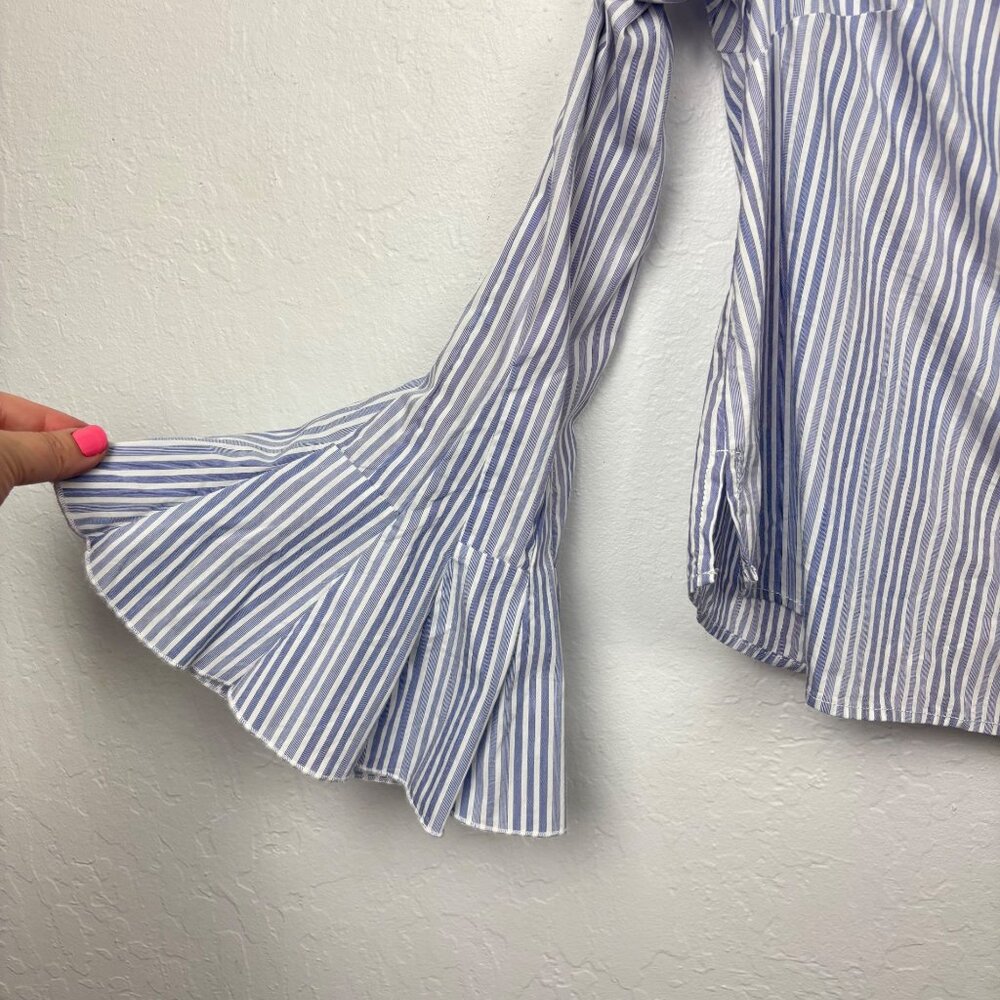 Free People S Off The Shoulder Striped Blouse With Bell Sleeves Blue White Boho - Picture 2 of 6